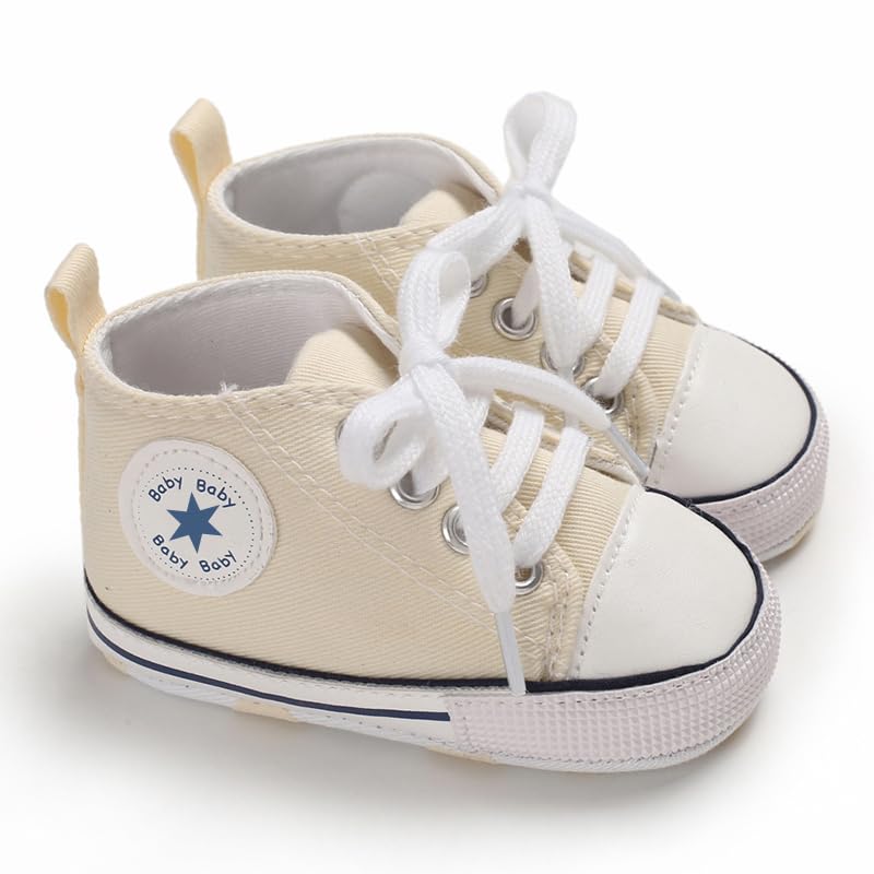 Image of Unisex Baby Boys Girls Shoes, Newborn Infant Non-Slip Canvas Denim High Top Sneakers, Toddler First Walkers Shoes