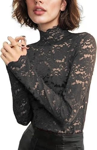 zebemay Womens Fall Lace Tops Long Sleeve Mock Neck Slim Fit Casual Mesh Blouses Shirts Black S