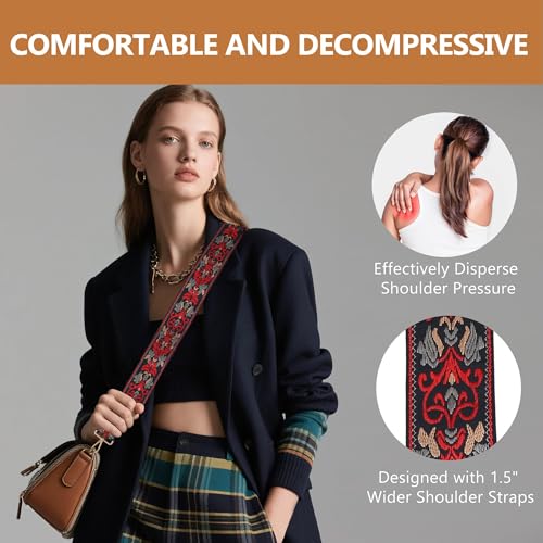 Image of Purse Strap, Adjustable Embroidery Flower 2 Inch Wide Purse Straps Replacement Crossbody for Women