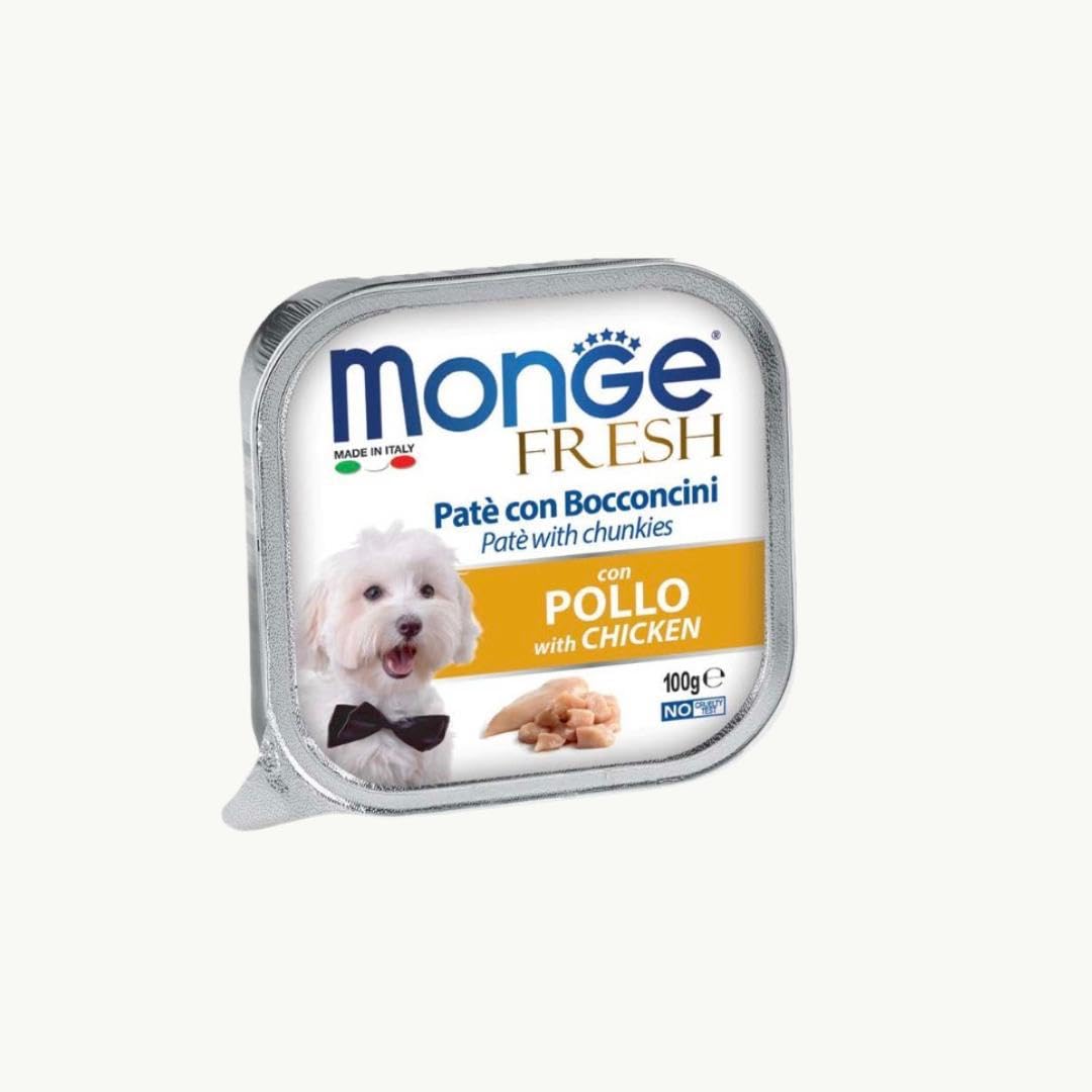 Monge Fresh perro húmedo para perros de todos los tamaños y razas, paté con bocados sabor pollo | 32 latas de 100 gramos cada una.