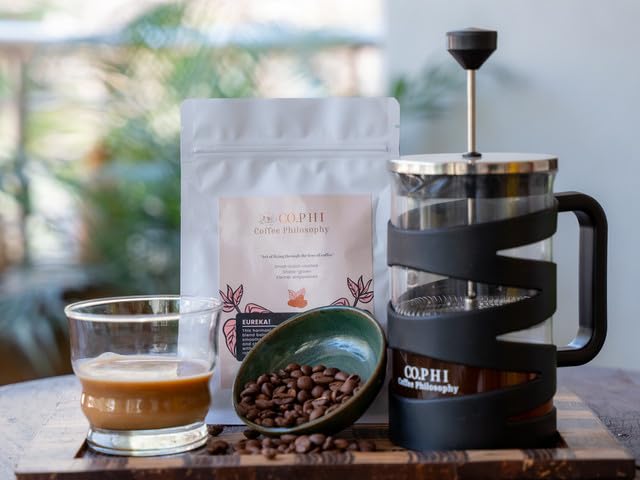 Image of CO.PHI French Press Coffee Maker, 800ml German Borosilicate Glass Carafe, Stainless Steel Filter, Ergonomic Handle, Black Spiral Design with 100 gms Eureka Ground Coffee