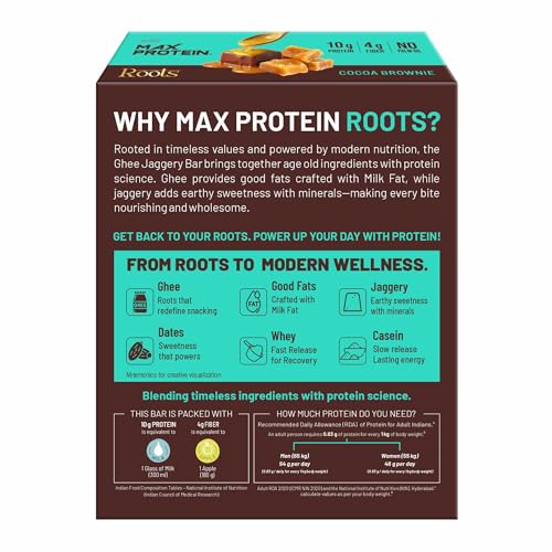 Image of RiteBite Max Protein Roots Cocoa Brownie 10g Protein Bar (Pack of 6) | Made with Ghee & Jaggery | 4g Fiber | No Palm Oil | (270g)