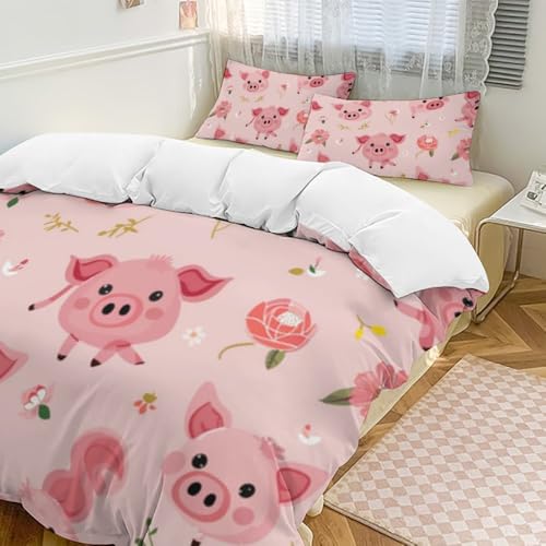 Funda nórdica de cerdo rosa infantil con 2 fundas de almohada 3