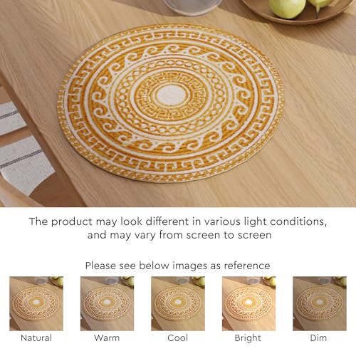 Image of Dining Table Mats Set of 6 | Cotton Table Mat 32 cm Diameter, Encasa XO Washable Round Table Mats, Heat Resistance Dining Table Placemats, Handmade Ribbed Style for Centre Table, Mustard Mandala Print