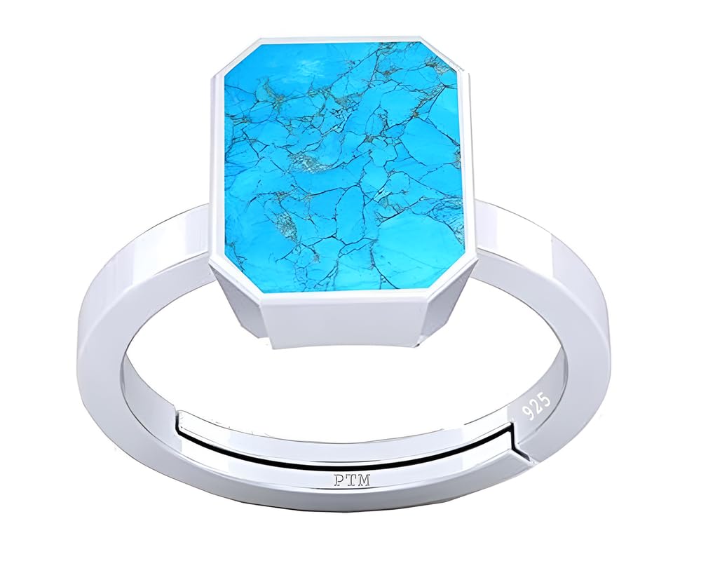 ptm Natural Turquoise/Firoza 3.25 Ratti to 10.25 Ratti or 3 Carat to 9.5 Carat Astrological Certified Gemstone/Square Shape Sterling Silver/bis Hallmark Adjustable Ring for Men & Women-picture-14