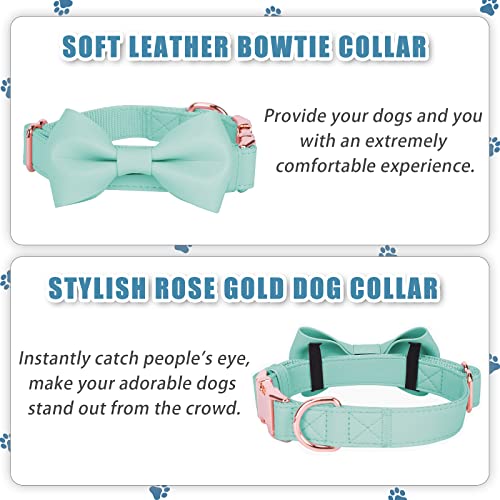 Soft Leather Bowtie Dog Collar - Adjustable Cute Bow Tie Collar [Easy To Clean] With Stylish Rose Gold Heavy Duty Metal Buckle For Small Medium Large Dogs Mint Green S #TOP6