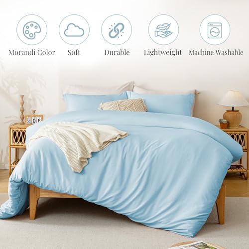 Image of MILDLY Duvet Cover Twin Ultra Soft Comforter Cover Set 2pcs, Cool Blue | Washed Microfiber Cotton-Like, Breathable Comfort, Hidden Zipper, Corner Ties, OEKO-TEX Certified, Fade Resistant