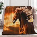 Kuscheldecke Weiche Flauschige Decke 150 x 200 cm, Tiere Pferde Bei Sonnenuntergang Flanell Tagesdecke Ganzjahresdecke Leichte Reisedecke - Orange Farbe Fleecedecke als Sofadecke