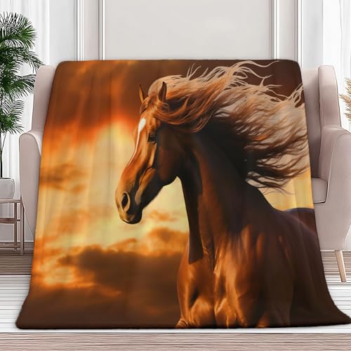 Kuscheldecke Weiche Flauschige Decke 150 x 200 cm, Tiere Pferde Bei Sonnenuntergang Flanell Tagesdecke Ganzjahresdecke Leichte Reisedecke - Orange Farbe Fleecedecke als Sofadecke