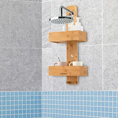 COSTWAY Hanging Shower Caddy, 2-Tier Bamboo Bath Tray with 2 Hooks, No Drill Waterproof Bathroom Storage Shelf Over the Shower Organizer for Shampoo, Soap and Gels, 28 x 15 x 66cm