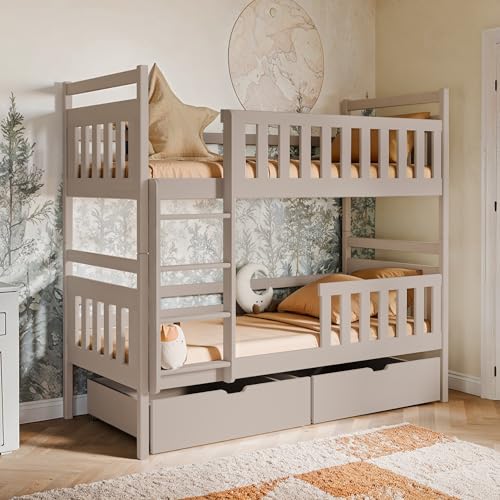Etagenbett, Kinder, Kinderbett, 90x200 cm Bett | Mit 2 Schubladen, senkrechter Leiter & Absturzsicherung | Platzsparendes Hochbett für das Kinderzimmer | 97x208x171 cm (BxTxH) | Kaschmir