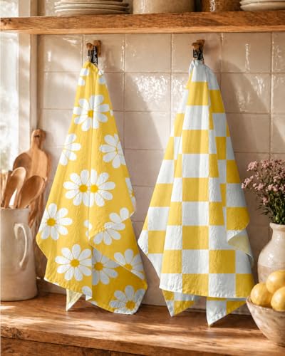 Image of Miss Adola 2 Pack Flour Sack Kitchen Towels - 16x26 Inch Cotton Dish Towels with Hanging Loop Reusable Geometric Modern Retro Tea Towel Absorbent Dishcloths Home Decor, Yellow Daisy
