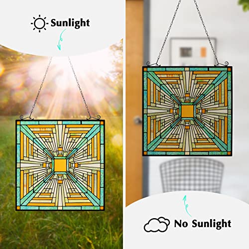Kleeglee Stained Glass Window Hangings, Handmade Suncatcher Stained Glass Window Panels For Window Decor (Amber Green) #TOP6
