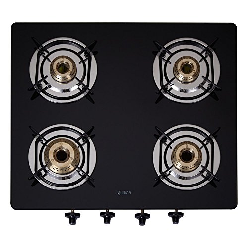 Elica Vetro Glass Top 4 Burner Gas Stove with Double Drip Tray (594 CT DT VETRO 1J), Black