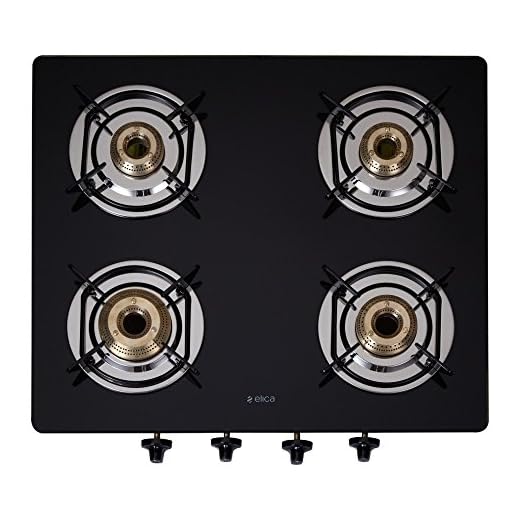 Elica Vetro Glass Top 4 Burner Gas Stove with Double Drip Tray (594 CT DT VETRO 1J), Black