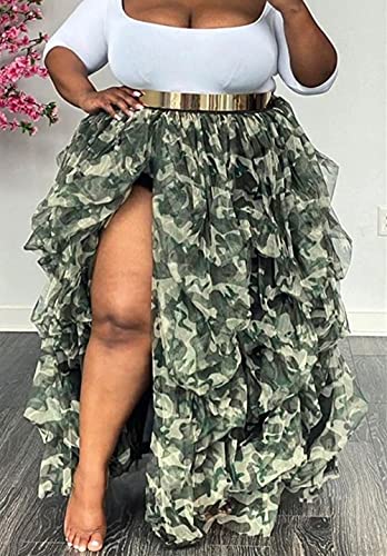 Chartou Women's Elastic Waist Sheer Mesh Lace Tulle Puff Maxi Skirt Layered Night Out Party Skirt (Onesize,Camo) #TOP1