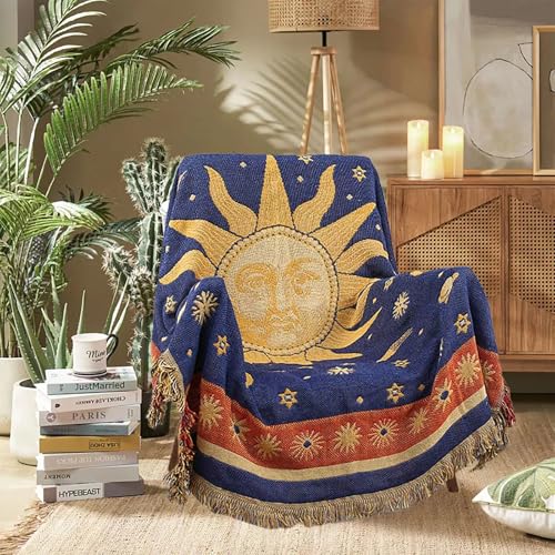Sun and Moon Stars Hippie Throw Blanket Celestial Tapestry Double-Sided Reversible Woven Cotton Throw Blanket for Couch Sofa Chair Loveseat Recliner Home Decor Oversized Tassels Blue Yellow (71x51)