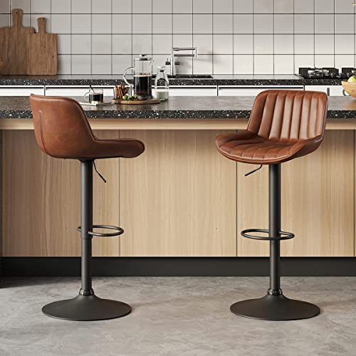 Volans Bar Stools Set of 2, Mid Century Modern Faux Leather Swivel Barstools Adjustable Height, Counter Height Pub Bar Chair with Back, Black Powder Coated Base, Cognac
