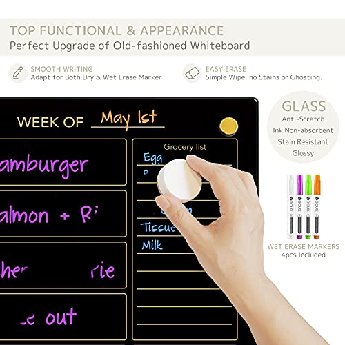 Black Glass Golden Weekly Dry Erase Calendar & Menu Whiteboard For Wall, Meal Planning & Grocery Shopping List White Board For Kitchen & Home, 15X11", 4 Wet Erase Markers Included, Yeoux #TOP3