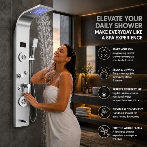 Image of ZeeCry 7 in 1 Full Set Stainless Steel 304 Shower Panel for Bathroom with Hand Shower /Showerhead /Body Massage Jets /Shower System with Hot & Cold Mixer (3 function hand shower) (Chrome)