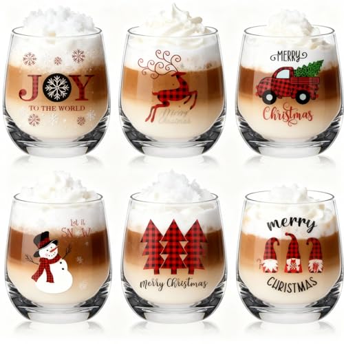 Pickmesh 6 Pcs Christmas Wine Glass 12oz Buffalo Plaid Stemless Wine Glass Funny Xmas Themed Drinking Cups Merry Christmas Party Gifts for Women Men Family