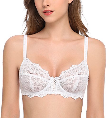 Deyllo Women’s Sheer Lace Bra Underwire Unlined Bra Full Coverage Non Padded(White,38DDD