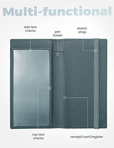 Image of Yarnic Checkbook Cover for Personal Checkbook, Checkbook Holder with Pen Holder & Built-in Clear Plastic Divider for Duplicate Checks (Grey Green)