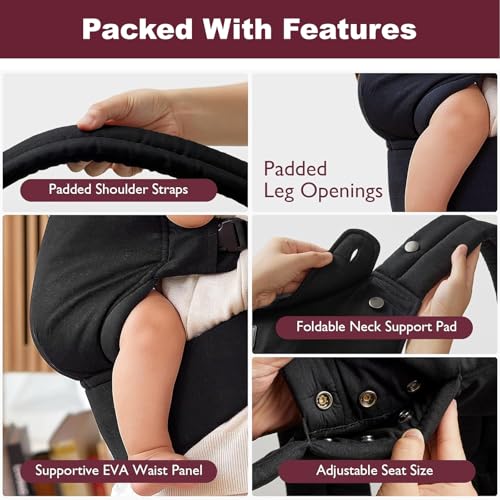Baby Carrier Newborn to Toddler - Ergonomic Baby Holder 7-45lbs, Cozy Baby Wrap Carrier Infant Carrier Front and Back Carry Backpack, Adjustable Neck Support, Ideal for Hands-Free Parenting,Black