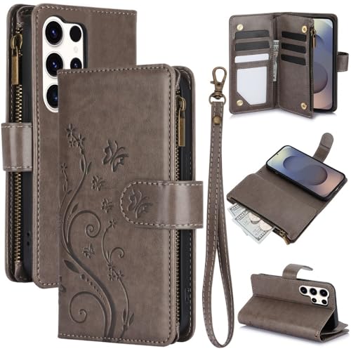 Housse Samsung Galaxy S23 fermeture éclair et rabat portefeuille motif cuir gris