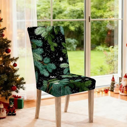 Image of Nuxovilar 6PCS Pine Branch Snowflake Stretch Chair Covers 23.6x70in | Holiday Slipcover Festive Protector Snowflake Wrap Seat Guard Dining Room Family Kitchen Gathering (Pine Branch)