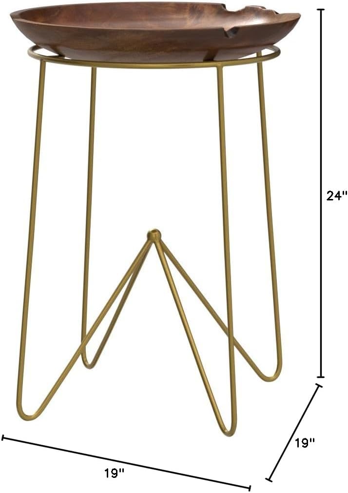 Bare Decor Paolo Accent Table with Teak Wood Top with Gold Finish Metal Legs, Round 19"