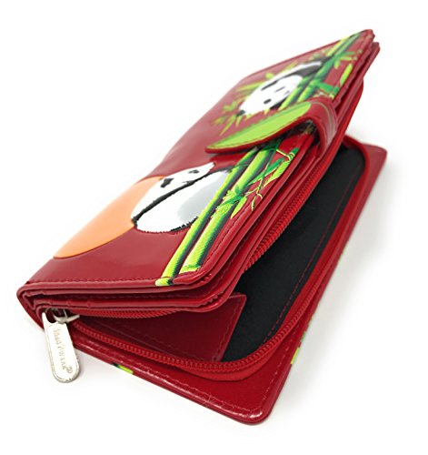 Shag Wear Playful Panda Large Wallet for Women and Teen Girls Vegan Faux Leather Red 7"4