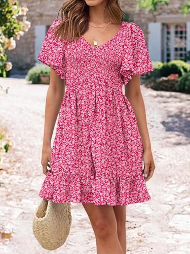 Image of UEAL Womens Cute Floral Smocked V Neck Flutter Sleeve Sundress with Pockets Casual Spring Summer Dresses for Women 2026