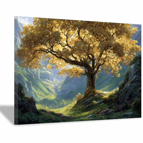 Arbre de vie décoration murale encadrée toile premium peinture jaune 30x50cm