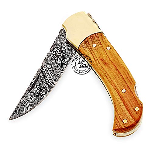 Beautiful Olive Wood Handmade Damascus Steel Folding Pocket Knife 100% Prime Quality #TOP4