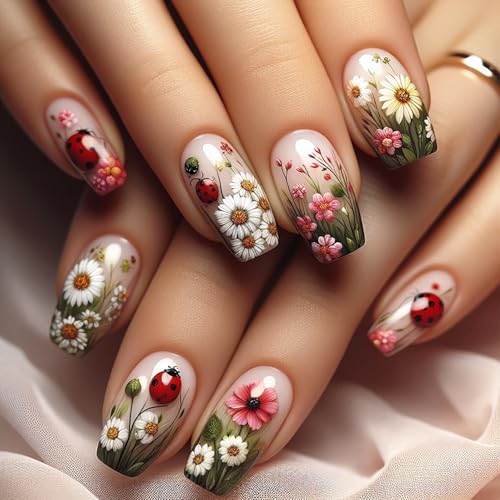 24 Pcs Pink Flower Press on Nails Short Square Daisy