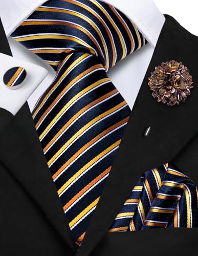 Image of Hi-Tie Zipper Ties for Men Navy Gold Striped Pre-tied Tie Set Lapel Pin Pocket Square and Cufflinks Formal Business Wedding Adjustable Necktie