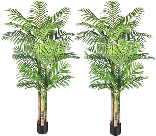 Keeplush 6ft Tall Triple Golden Cane Artificial Palm Tree Outdoor Artificial Tree UV Resistant-Large Artificial Indoor Plant for Living Room Patio Office Home Decor 2PCS