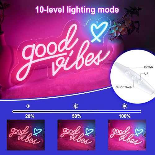 Image of Mothers Day Gifts: Good vibes Neon Sign for Wall -15.7''x 8'' Dimmable Good Vibes LED Light Signs for Bedroom - USB Power Pink Hanging Lighted Up Neon Lights for Room, Office, Party, Salon Decor