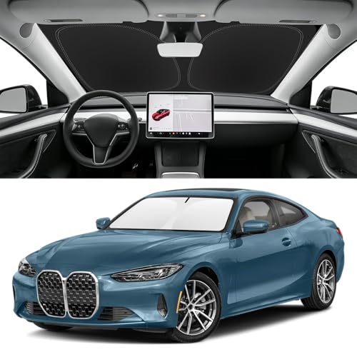 Image of Custom Fit Windshield Sun Shade for BMW 4-Series 2021-2026 | Blocks UV Rays and Sun Heat, Helps Reduce Interior Temperature, Protects Dashboard from Fading, Folds Easily for Storage