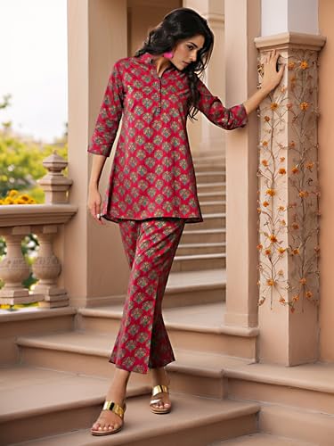 Image of NAINVISH Women's Floral Rayon Blend Co-ord Set | Straight Mandarin Collar Full Sleeve Top & Pant | Elegant Maroon, Blue Style | Ideal for Casual, Lunch, Evening Outings | Ladies Matching Outfit