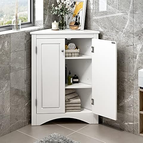 MIRACOL Bathroom Corner Storage Cabinet - 2 Adjustable Shelves and 2 Doors Triangle Cabinets Furniture - Floor Cabinets Decorations for Home Kitchen Bathroom Living Room Small Space White Grey Cover