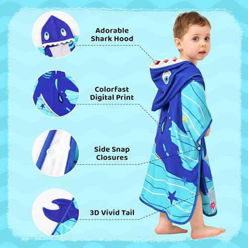 Image of LOLANTA Kids Hooded Bath Towel Wrap Oversized Soft Shark Towel Swimming Poncho for Kids (Shark, 4-6)