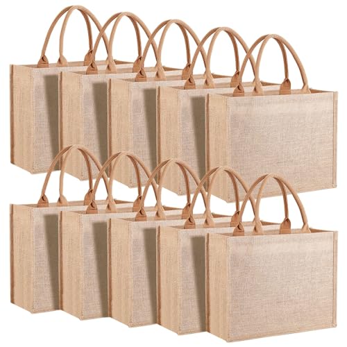 10 Pack Reusable Jute Tote Bags with Handles, 15.1X11.8X5.5 Inch Large Natural Blank Burlap Tote for Grocery Shopping, Weddings, Travel, Bachelorette Parties & DIY Embroidery Crafts