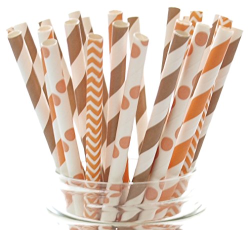 Food With Fashion Thanksgiving Dinner Straws - 25 Pack Cute Disposable Orange & Brown Paper Straws for Fall/Harvest Party