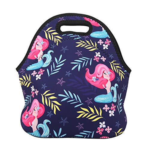 Violet Mist Neoprene Mermaid Lunch Bag Insulated Waterproof Lunch Tote Bag Cartoon Reusable Lunch Box Containers Organizer Food Carrying Bento Lunch Handbag for Women Work Gifts