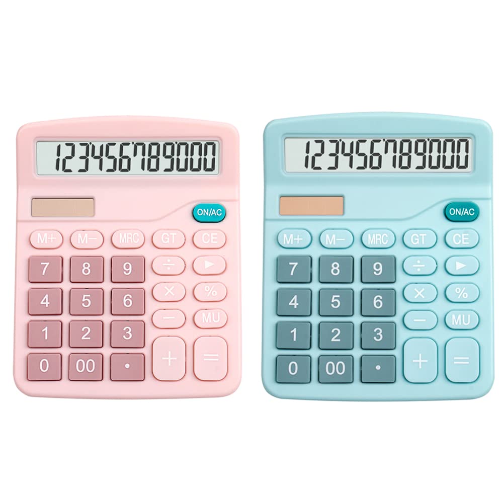 LOGOFUN 2PCS Solar Dual Power Calculator 12-Digit Large Display Screen for Students Teachers Office School Desktop Supply - Pink & Blue