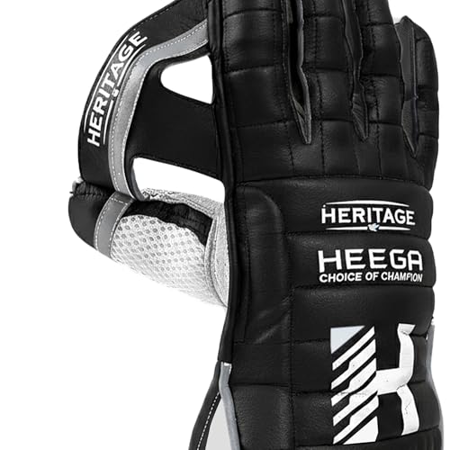 Image of Heega Heritage Leather Cricket Wicket Keeping Gloves for Professional Players | Durable Construction, High-Density Finger Protection, Ergonomic Design for Enhanced Flexibility and Comfort Black Men