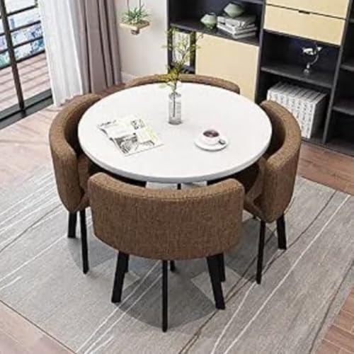 Image of Round Faux Marble Reception Table and Chairs Set, Dining Table Set for 4, Space Saving Reception Desk for Home and Apartment, Office, Conference Room, Lounge