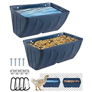 Chicken Feeders, 2 Pack, Duck Feeders and Waterers, Hanging Poultry Water Feeder, Livestock Fence Feeder, Feed Trough and Waterer Bucket with Clips, Blue